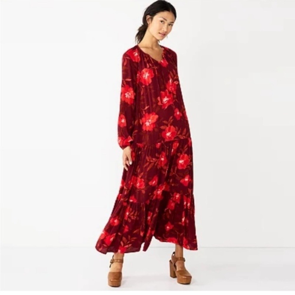 SONOMA Floral Tiered Maxi Dress Burgundy Red S Smallβ Petite NWT Resort Summer